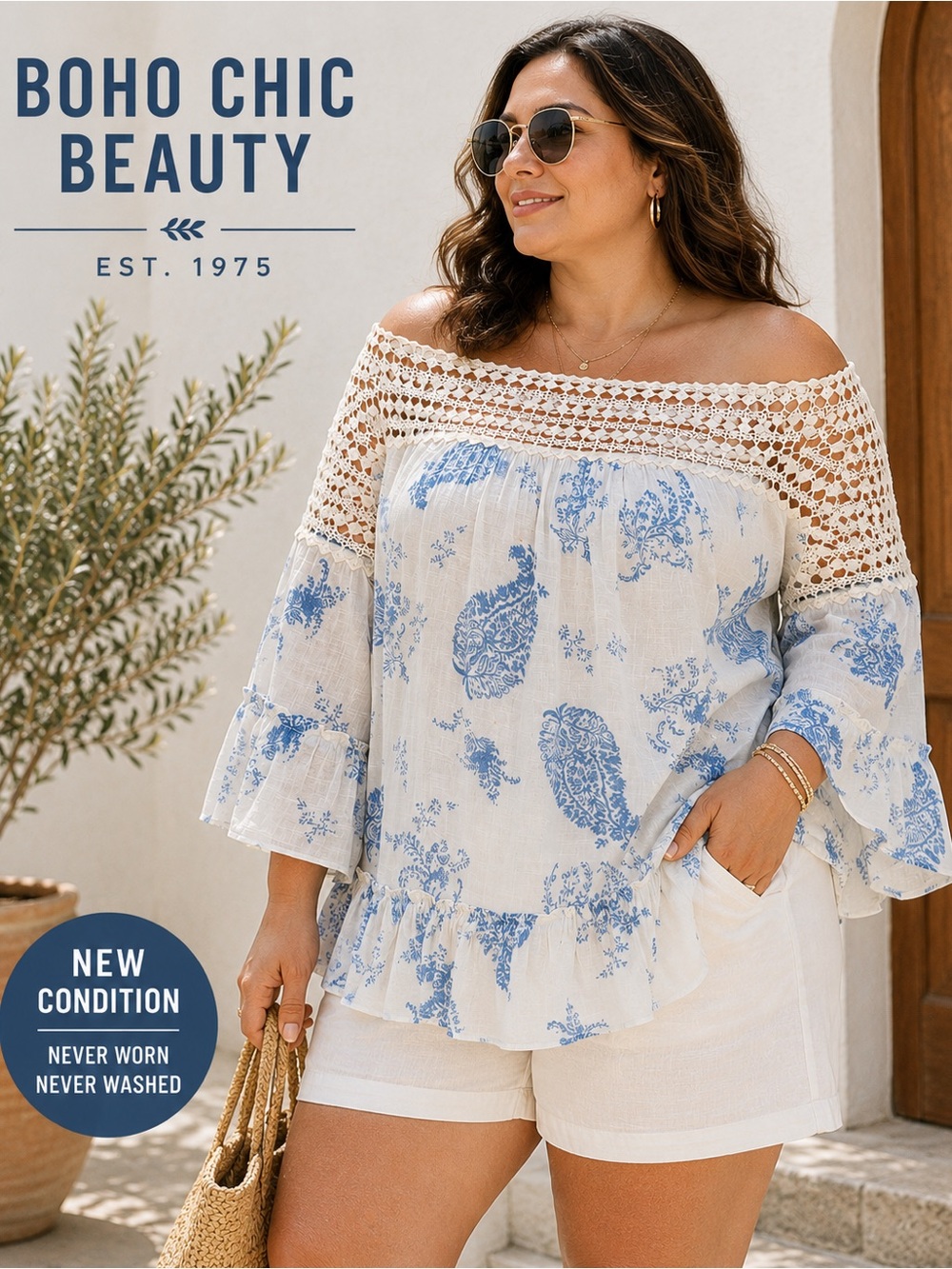 Boho Off Shoulder Paisley Crochet Lace Top Women’s Estimated 2X Blue White